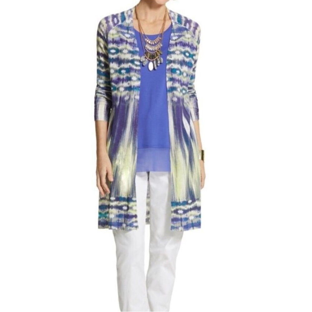 Chico's Brooke Bold Ikat Cardigan Sweater Long Line Linen Blend Size 2